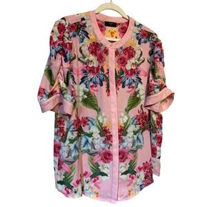 Tahari Rose Print Puff Shoulder Shirt Pink Women's  Size XL Retail: $70 EUC‎